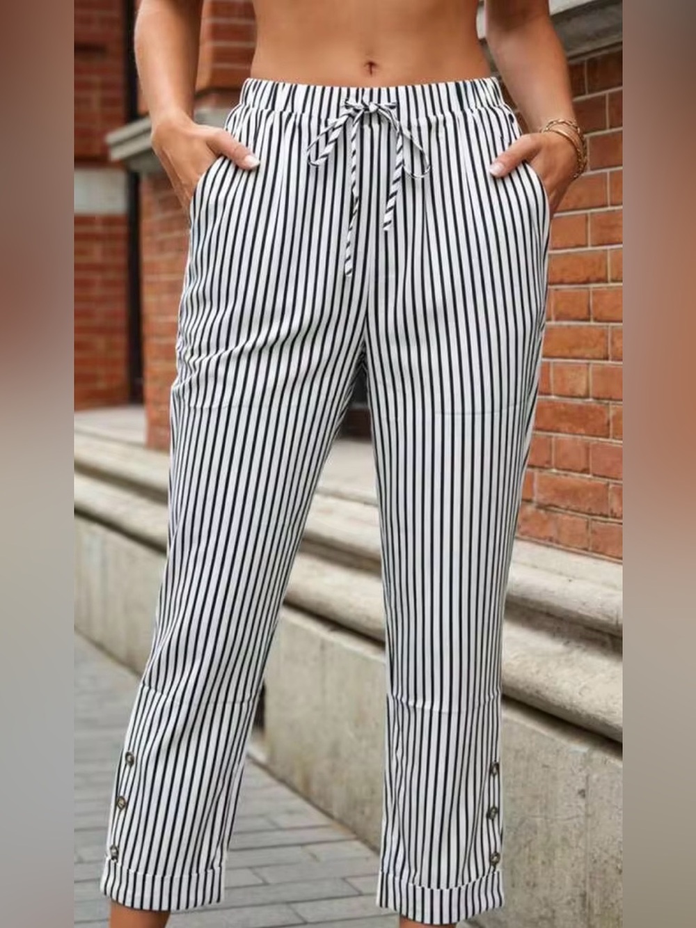 NEW SHEIN Aurora Silk Black & White Vertical Stripe Straight Drawstring Pants - Picture 2 of 9